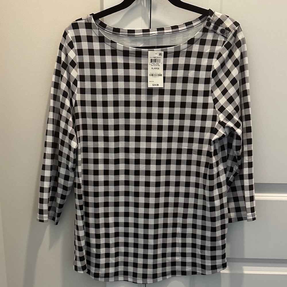 Charter Club Black and White Gingham Long Sleeve Top